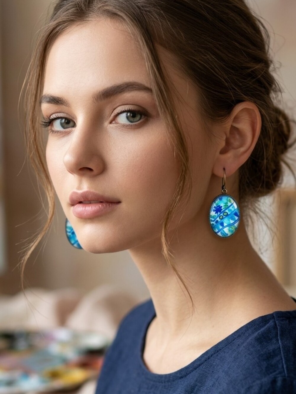Vintage Blue and Brass Tone Drop Earrings - Picture 10 of 12